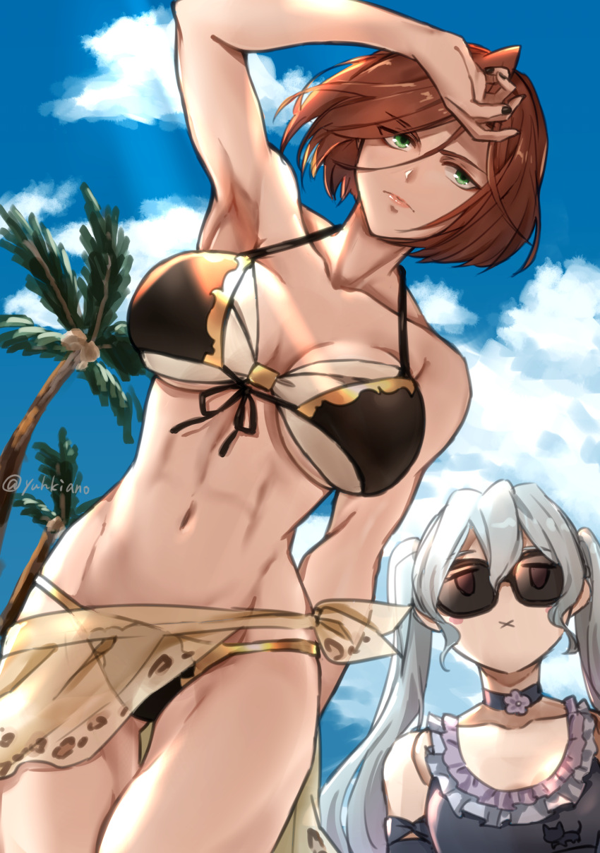 2girls :x abs absurdres arm_up armpits bikini black_knight_(granblue_fantasy) black_nails breasts brown_hair choker cowboy_shot day granblue_fantasy green_eyes groin highres large_breasts layered_bikini multiple_girls muscular muscular_female navel orchis outdoors palm_tree sarong shading_eyes short_hair sky small_breasts string_bikini sunglasses swimsuit tree twintails white_hair yuhkiano