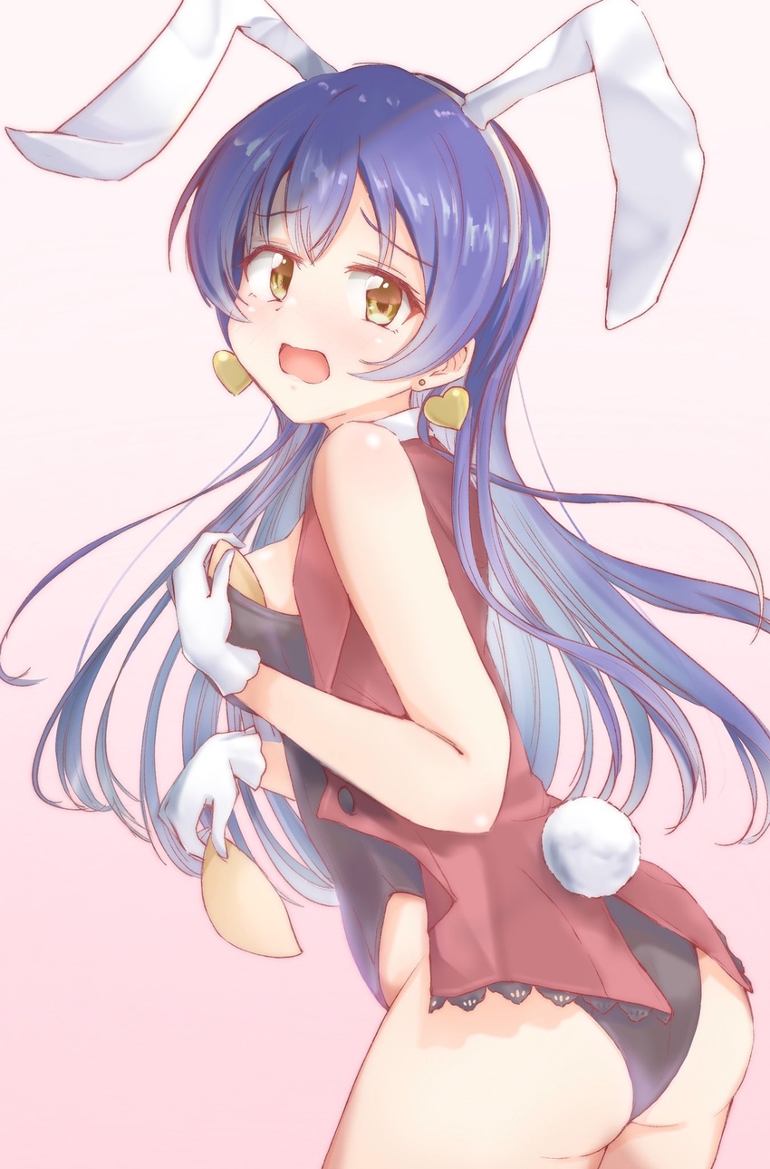 animal_ears ass bad_id bad_twitter_id bare_legs blue_hair blush breast_padding commentary_request earrings embarrassed female from_behind gloves hair_between_eyes heart heart_earrings highres jewelry korekara_no_someday long_hair looking_at_viewer looking_back love_live! love_live!_school_idol_project omoi_seiji pastel_colors playboy_bunny rabbit_ears rabbit_tail raised_eyebrows red_vest simple_background solo sonoda_umi tail vest wavy_mouth white_gloves yellow_eyes