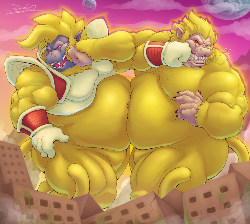 anthro baby_vegeta damingo dragon_ball duo fur goku hi_res macro male mammal oozaru outside overweight primate punching_face red_eyes saiyan yellow_body yellow_fur