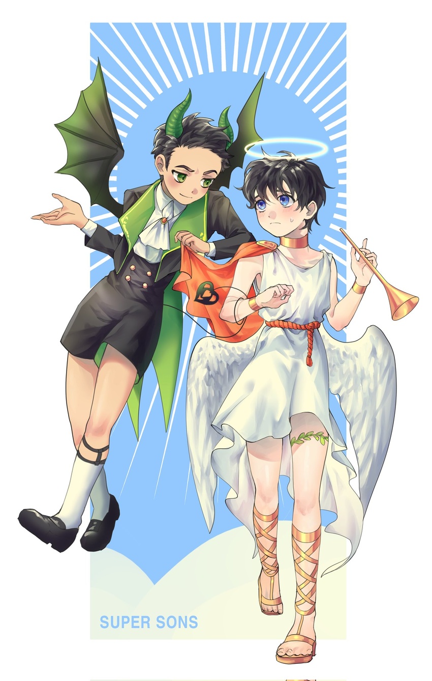 2boys angel angel_and_devil angel_wings animification bad_id bad_twitter_id bare_back belt_collar black_footwear black_hair black_suit blue_eyes bracelet cape collar commentary_request damian_wayne dc_comics demon_boy demon_horns demon_tail demon_wings feathered_wings feathers formal green_eyes halo heart highres holding horns jewelry jjoldi_(jjoldi5160) jonathan_kent korean_commentary looking_at_another male_focus multiple_boys multiple_wings sandals short_hair smile suit super_sons sweatdrop tail thigh_strap white_legwear white_wings wings