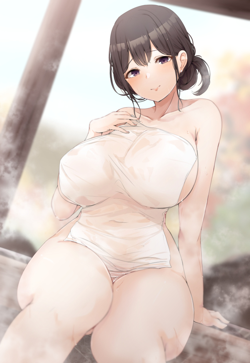 absurdres arm_support blurry blurry_background breasts brown_eyes brown_hair collarbone commentary_request covered_navel covering_privates curvy female hair_between_eyes highres huge_breasts knees_together_feet_apart looking_at_viewer nude nude_cover onsen original ryuu. sitting smile solo steam thick_thighs thighs towel