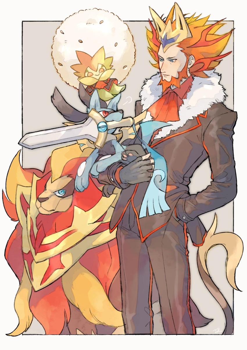 1boy ascot beard border brown_jacket brown_pants closed_mouth collared_shirt commentary_request cosplay eldegoss facial_hair fingerless_gloves fur-trimmed_jacket fur_trim gloves hand_in_pocket hat highres holding holding_pokemon honedge jacket long_sleeves looking_down lysandre_(pokemon) male_focus nigiri_(ngr24) orange_ascot orange_hair orange_shirt pants pokemon pokemon_(creature) pokemon_xy pyroar pyroar_(male) riolu shirt short_hair spiked_hair white_border yellow_headwear zamazenta zamazenta_(cosplay) zamazenta_(hero) zamazenta_(hero)_(cosplay)