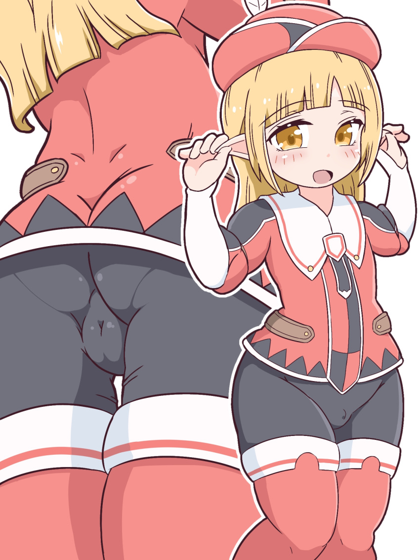 1boy androgynous ass bad_id bad_pixiv_id blonde_hair covered_penis covered_testicles elf futoku_no_guild highres long_hair long_sleeves looking_at_viewer male_focus mino_ido1024 multiple_views noma_rune otoko_no_ko pointy_ears red_headwear yellow_eyes