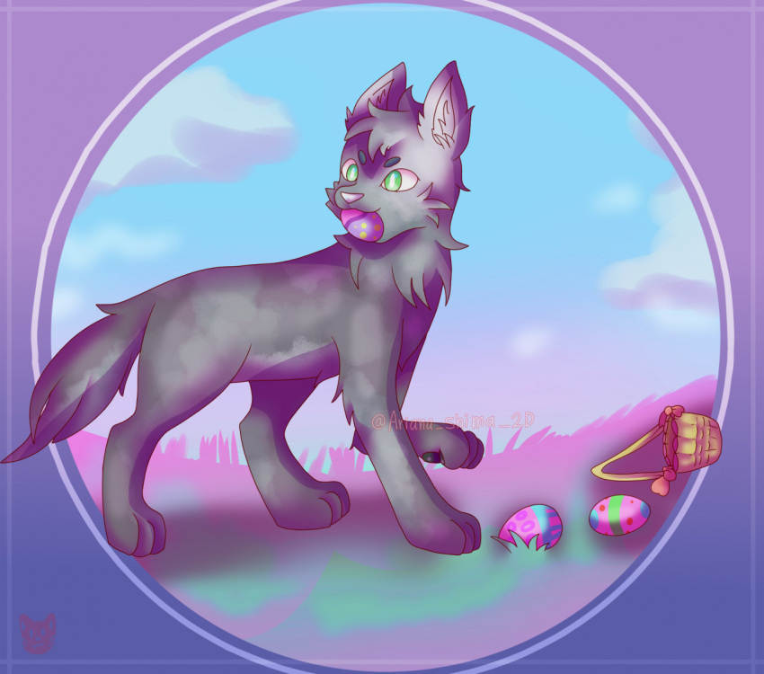 2021 ariana_shima_2d basket bow_(bowhuskers) canid canine canis container easter easter_egg egg egg_in_mouth egg_insertion feral fur green_eyes grey_body grey_fur holidays male mammal signature simple_background solo wolf