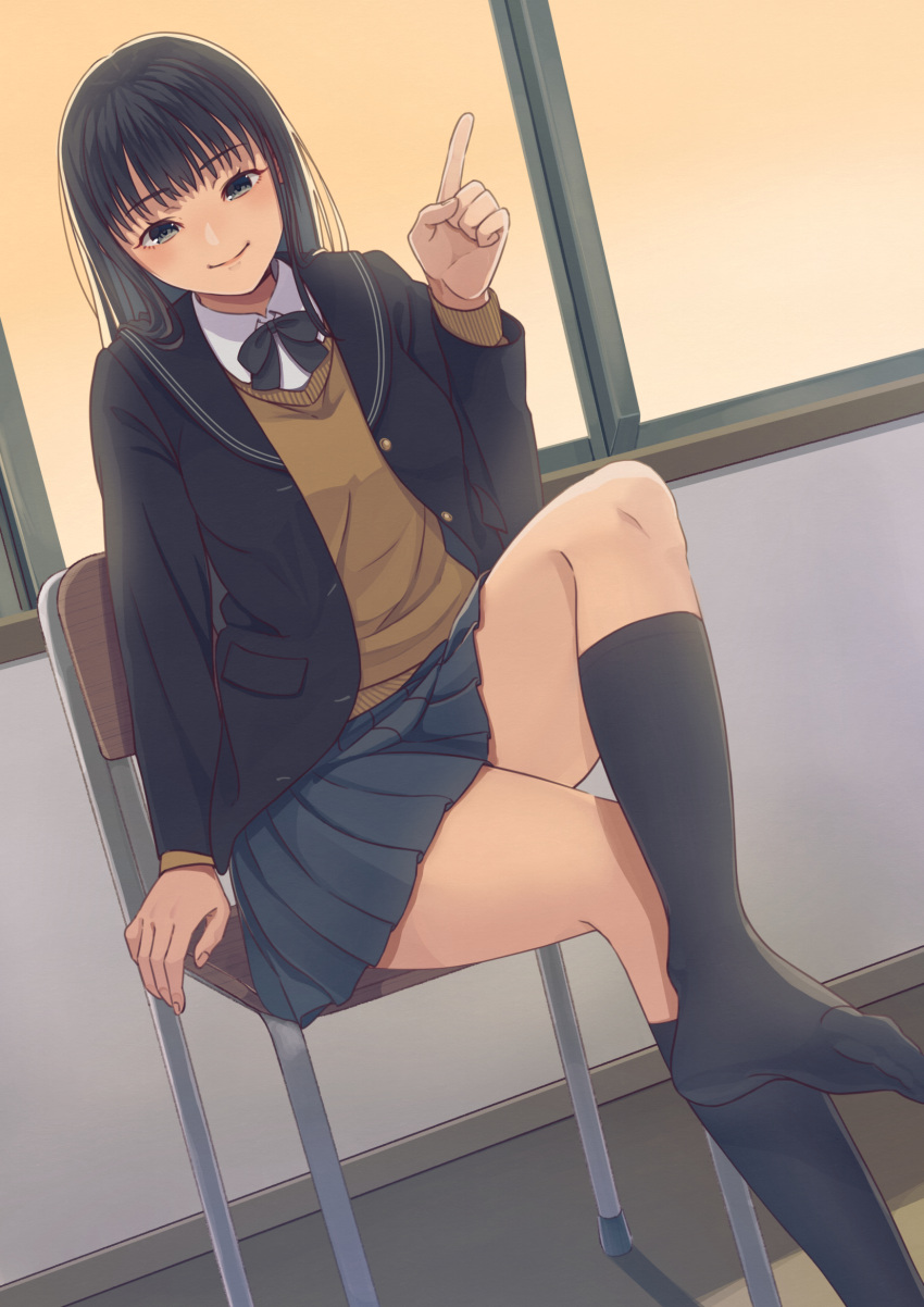 amagami ayatsuji_tsukasa black_eyes black_hair black_jacket black_ribbon black_skirt black_socks blazer brown_sweater_vest chair closed_mouth collared_shirt commentary facing_viewer female foot_out_of_frame hand_up highres index_finger_raised indoors jacket kibito_high_school_uniform knee_up kneehighs legs long_sleeves neck_ribbon no_shoes open_clothes open_jacket pleated_skirt ribbon ryo_taton school_uniform shirt sitting skirt smile socks solo sweater_vest toes window