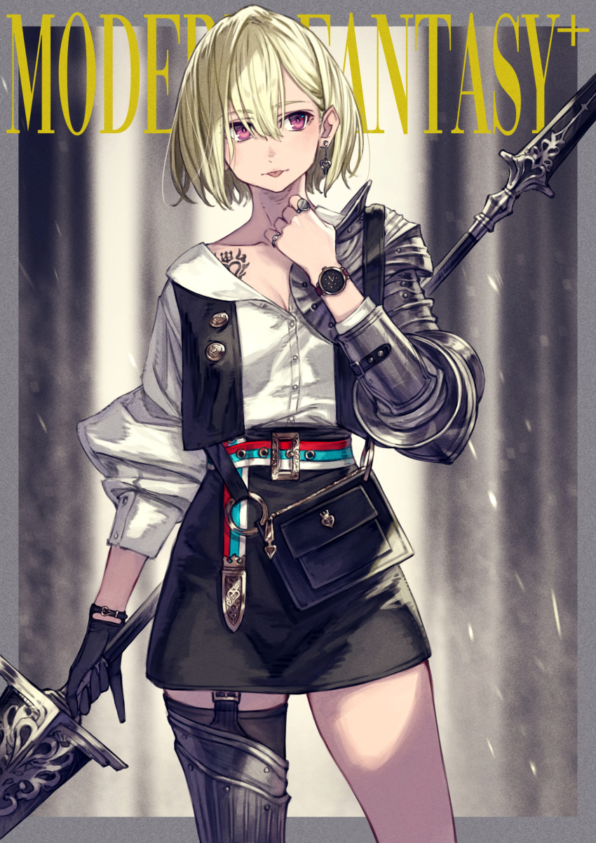 absurdres armor asymmetrical_clothes blonde_hair chest_tattoo cowboy_shot earrings female gloves hair_between_eyes highres holding holding_weapon jewelry kusano_shinta original red_eyes ring short_hair single_glove single_thighhigh solo tattoo thighhighs watch weapon wristwatch