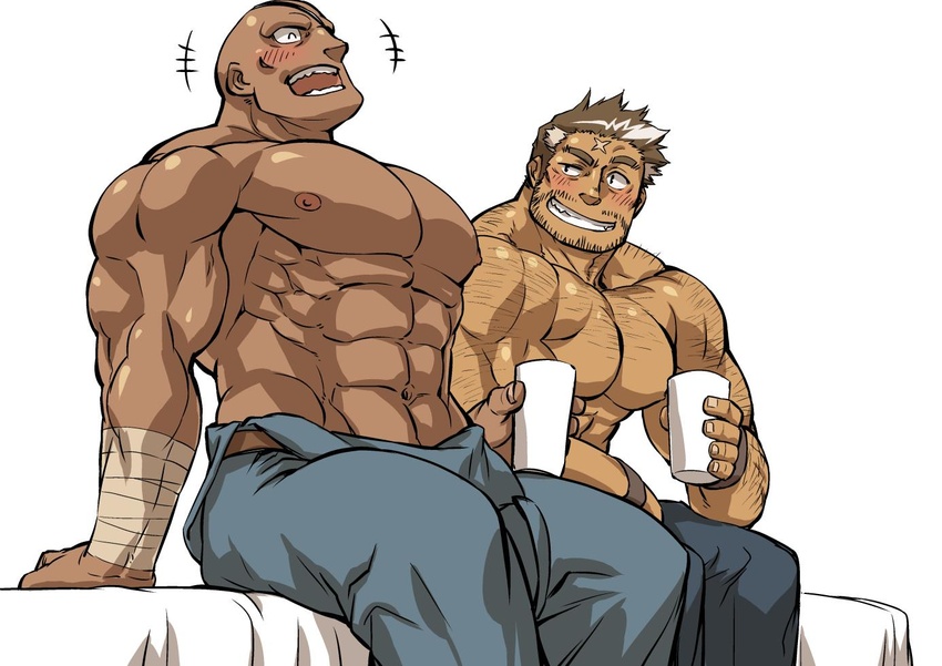 2boys abs arm_hair bald bara beard blue_pants blush brown_hair chest_hair clothes_down cross_scar cup dark-skinned_male dark_skin drunk eyepatch facial_hair gennou_(f-kare) gordon_(f-kare) grin hairy holding holding_cup implied_yaoi large_pectorals looking_at_another male_focus mature_male mennsuke multiple_boys muscular muscular_male navel nipples on_bed overalls pants pectorals scar scar_on_face scar_on_forehead short_hair shoukan_yuusha_to_f-kei_kareshi sideburns sitting smile stomach strongman_waist stubble topless_male