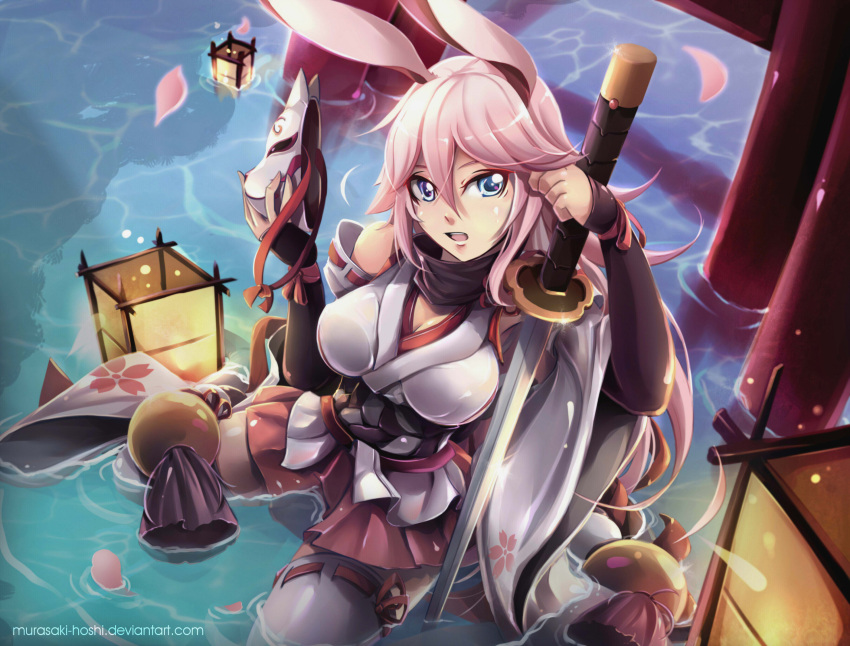 :o animal_ears bangs blue_eyes breasts cleavage female fox_ears highres holding holding_mask holding_sword holding_weapon honkai_(series) honkai_impact_3rd japanese_clothes katana long_hair looking_at_viewer mask miko murasaki-hoshi open_mouth petals pink_hair pink_skirt sitting skirt solo sword thighhighs wariza water weapon white_legwear white_sleeves yae_sakura yae_sakura_(gyakushinn_miko)