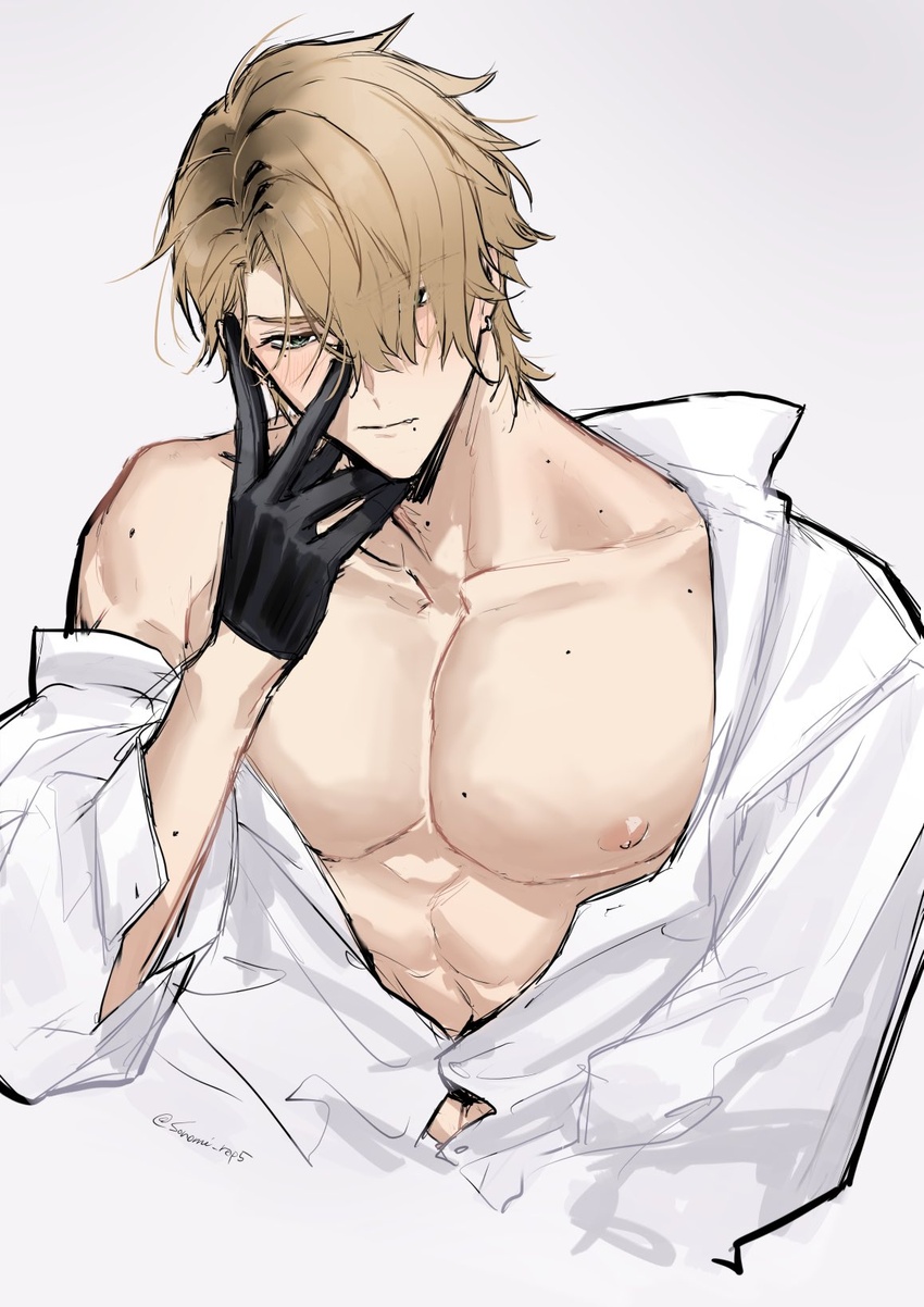 1boy abs black_gloves blush brown_hair closed_mouth ear_piercing gloves green_eyes grey_background hair_between_eyes highres looking_at_viewer male_focus mole mole_on_arm mole_on_chest mole_on_neck mole_under_mouth multiple_moles nipples off_shoulder open_clothes original partially_unbuttoned pectorals piercing shirt simple_background solo sonomi toned toned_male upper_body white_shirt