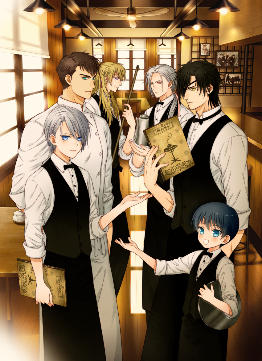 6+boys absurdres apron aqua_eyes azuki_nagamitsu_(touken_ranbu) black_hair blonde_hair blue_eyes bow bowtie broom brown_hair cafe chef collared_shirt daihannya_nagamitsu_(touken_ranbu) earrings eyepatch hair_ornament hair_ribbon hairclip highres jewelry kenshin_kagemitsu kouryuu_kagemitsu male_focus md5_mismatch menu multiple_boys open_mouth ponytail purple_eyes red_eyes resolution_mismatch ribbon shirt shokudaikiri_mitsutada smile source_larger stud_earrings touken_ranbu tray waist_apron waistcoat waiter white_hair yamanbagiri_chougi yellow_eyes yuuno_(yukioka)