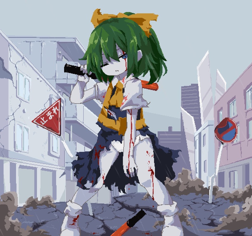 ascot blood blood_on_arm blood_on_face blood_on_leg blue_eyes boots bow building colored_skin commentary cookie_(touhou) daiyousei diyusi_(cookie) female full_body green_hair hairbow high-visibility_vest holding looking_at_viewer medium_hair no_entry_sign one_eye_closed panties parted_lips pixel_art ponytail redrawn road_sign ruins shirt short_sleeves sign skirt solo sparseseethe stop_sign torn_clothes torn_shirt torn_skirt torn_vest touhou traffic_baton underwear unusually_open_eyes white_footwear white_panties white_shirt white_skin yellow_ascot yellow_bow