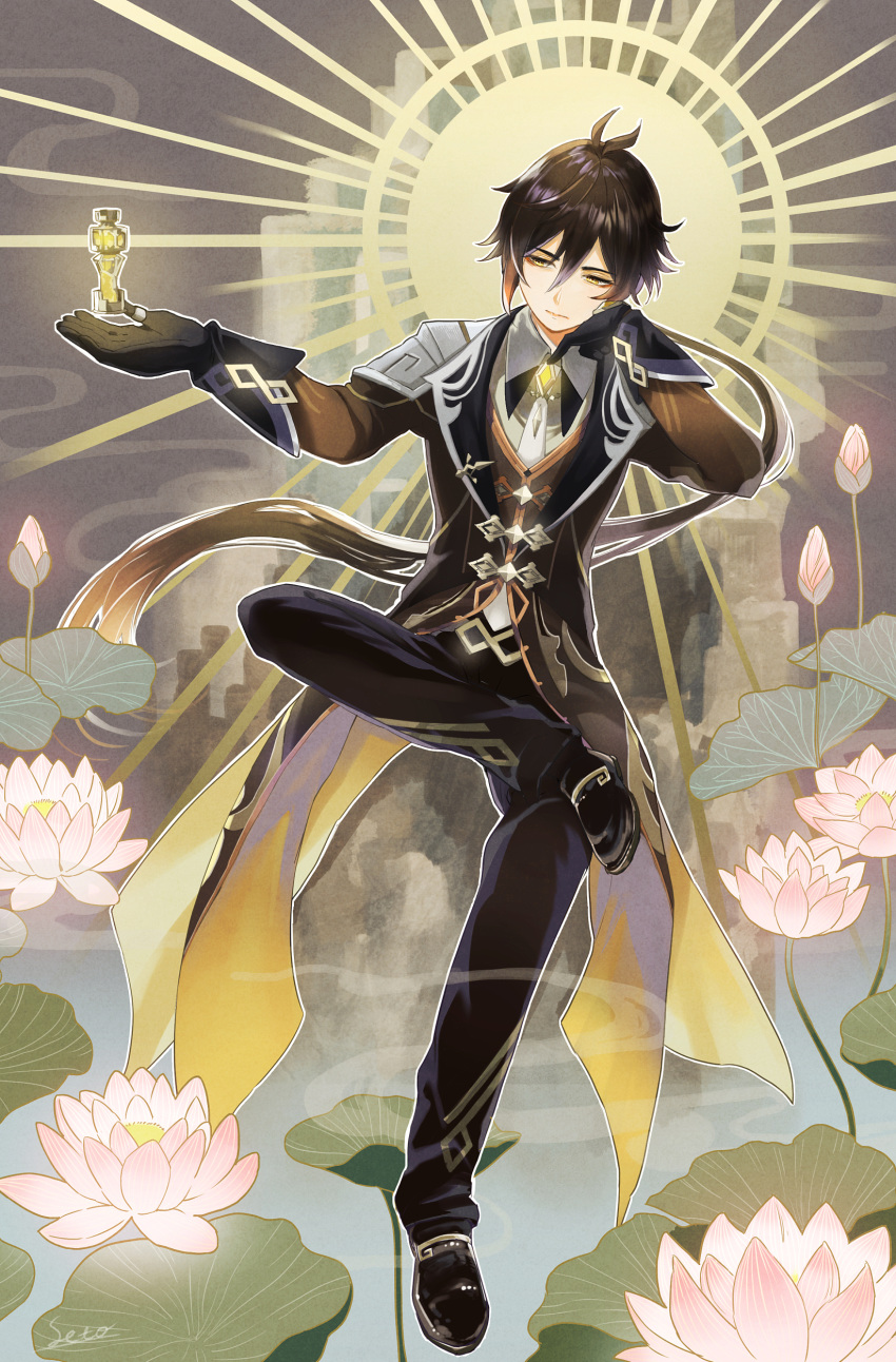 1boy absurdres black_gloves black_hair brown_hair closed_mouth collared_shirt crossed_legs earrings floating floating_object flower formal genshin_impact gloves gnosis_(genshin_impact) hair_between_eyes hand_on_own_cheek hand_on_own_face highres jacket jewelry lily_pad long_hair long_sleeves lotus male_focus multicolored_hair pants ponytail ring seto_(gf_gnsn) shirt shoes single_earring solo suit thumb_ring yellow_eyes zhongli_(genshin_impact)