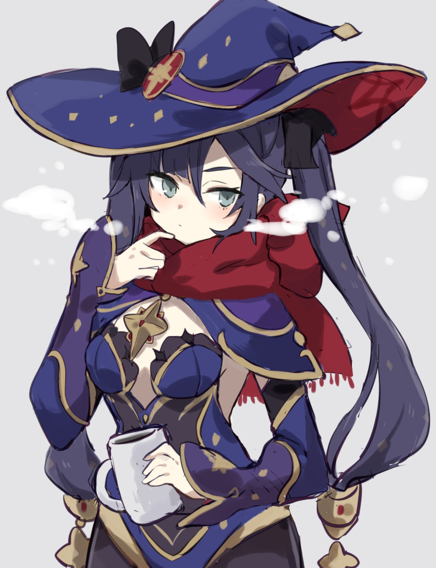 bad_id bad_twitter_id black_pantyhose blue_eyes bow breasts breath cape cup detached_sleeves female freenote_mr genshin_impact hair_between_eyes hair_ornament hair_ribbon hat hat_bow highres holding holding_cup leotard long_hair mona_(genshin_impact) mug pantyhose purple_hair purple_leotard red_scarf ribbon scarf simple_background small_breasts solo twintails witch_hat