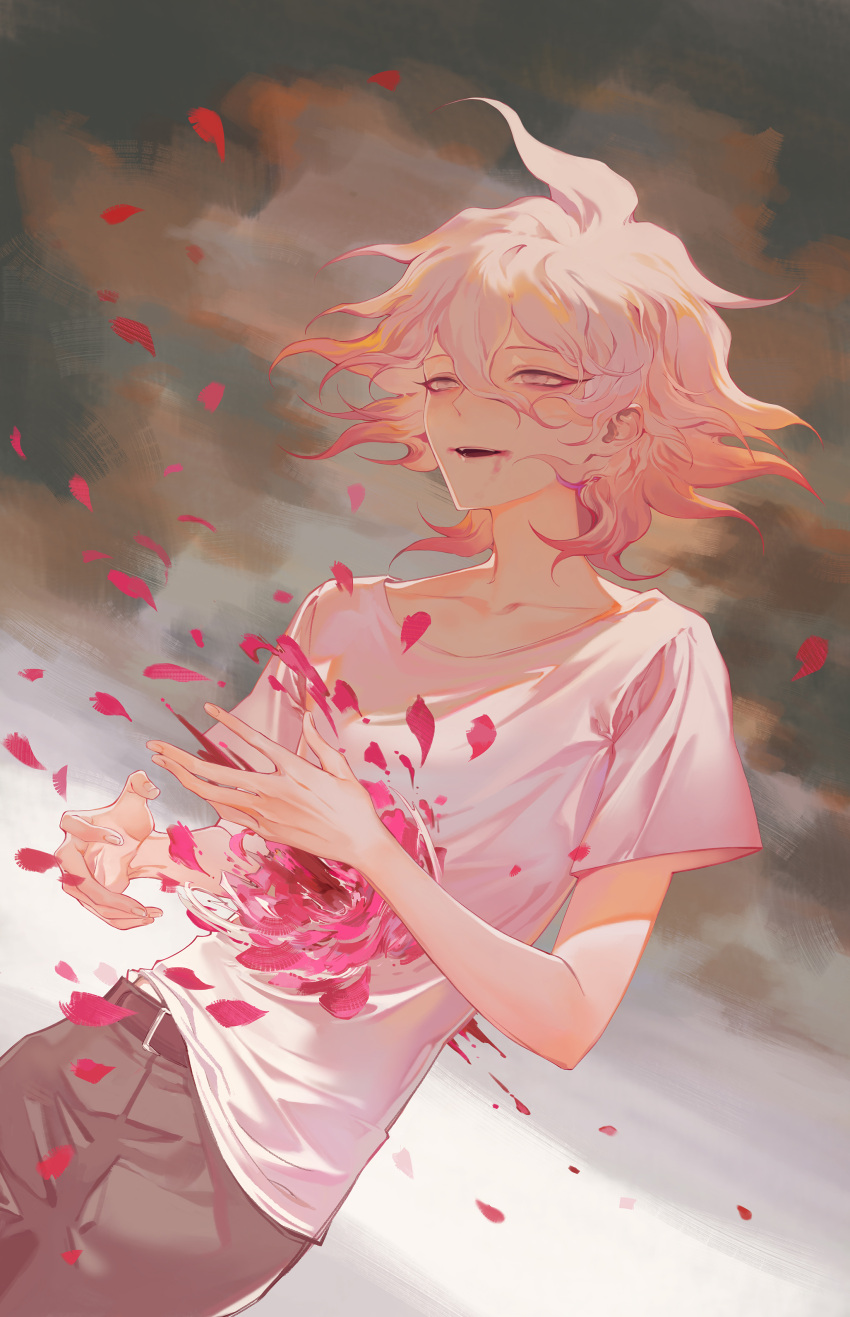 absurdres alternate_body_fluid blood brown_pants collarbone danganronpa_(series) danganronpa_2:_goodbye_despair female gradient_background grey_eyes hair_between_eyes hair_up half-closed_eyes highres injury komaeda_nagito medium_hair messy_hair open_mouth pants petals pink_blood shirt short_sleeves smile solo white_shirt xiwang_xintu