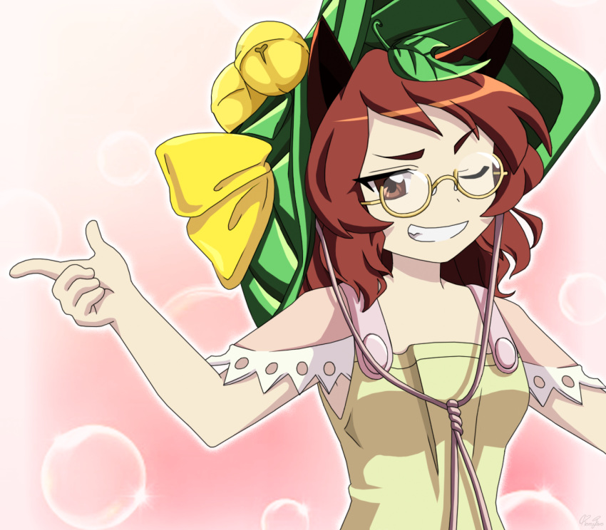 amigasa armpit_peek arms_up artist_name bad_id bad_pixiv_id bare_shoulders bell breasts brown_eyes brown_hair bubble_background commentary dress female futatsuiwa_mamizou glasses gradient_background grin hat_bell jingle_bell leaf leaf_on_head looking_at_viewer lunamoon_(style) one_eye_closed pink_background remyfive semi-rimless_eyewear short_hair sleeveless sleeveless_dress small_breasts smile solo standing thick_eyebrows touhou under-rim_eyewear upper_body yellow-framed_eyewear yellow_dress