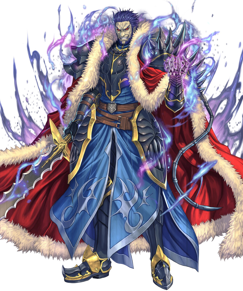 1boy alternate_costume armor armored_boots ashnard_(fire_emblem) aura beard belt blue_hair boots cape facial_hair fire_emblem fire_emblem:_path_of_radiance fire_emblem_heroes full_body fur_trim gloves glowing glowing_eyes gurgurant highres izuka_daisuke male_focus non-web_source official_art red_eyes solo sword teeth transparent_background weapon