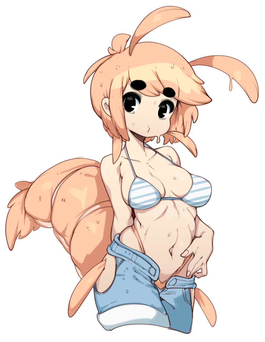 absurdres antenna_hair bikini black_eyes commission commissioner_upload denim denim_shorts dripping female highres looking_at_viewer navel orange_hair original pepper_(teuthidan) short_hair shorts shrimp_girl slugbox solo sweat swimsuit tail