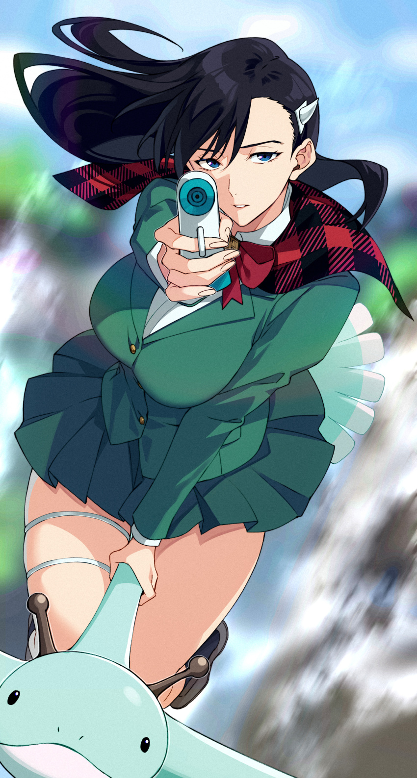 absurdres aiming aiming_at_viewer asymmetrical_bangs black_hair black_socks blue_eyes blurry blurry_background bow bowtie breasts brown_footwear burn_the_witch capelet dragon female film_grain fingernails floating_hair full_body green_jacket green_skirt gun highres jacket large_breasts long_hair looking_at_viewer motion_blur niihashi_noel onimoti open_mouth parted_lips plaid_capelet pleated_skirt red_bow red_bowtie red_capelet riding shirt skirt socks solo thigh_strap thighs weapon white_shirt