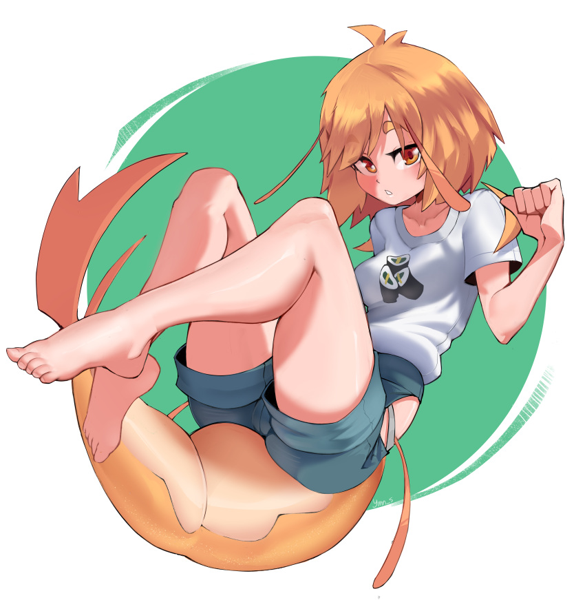 absurdres antenna_hair barefoot commission commissioner_upload denim denim_shorts feet highres legs_up looking_at_viewer orange_eyes orange_hair original pepper_(teuthidan) shirt_tucked_in short_hair shorts shrimp_girl sitting tail toes yinn_s