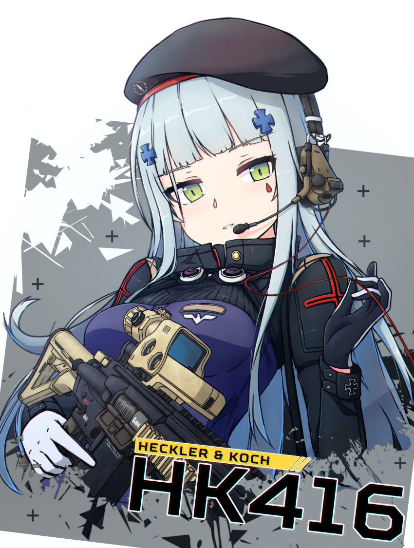 absurdres assault_rifle beret blue_jacket blunt_bangs character_name commentary cross english_text eotech facial_mark facial_tattoo female girls'_frontline gloves green_eyes grey_gloves grey_hair gun h&k_hk416 hair_ornament hairclip hat headset heckler_&_koch highres hk416_(girls'_frontline) holding holding_weapon jacket long_hair military_jacket parted_lips rifle solo tattoo teardrop trigger_discipline very_long_hair weapon x_hair_ornament xandier59