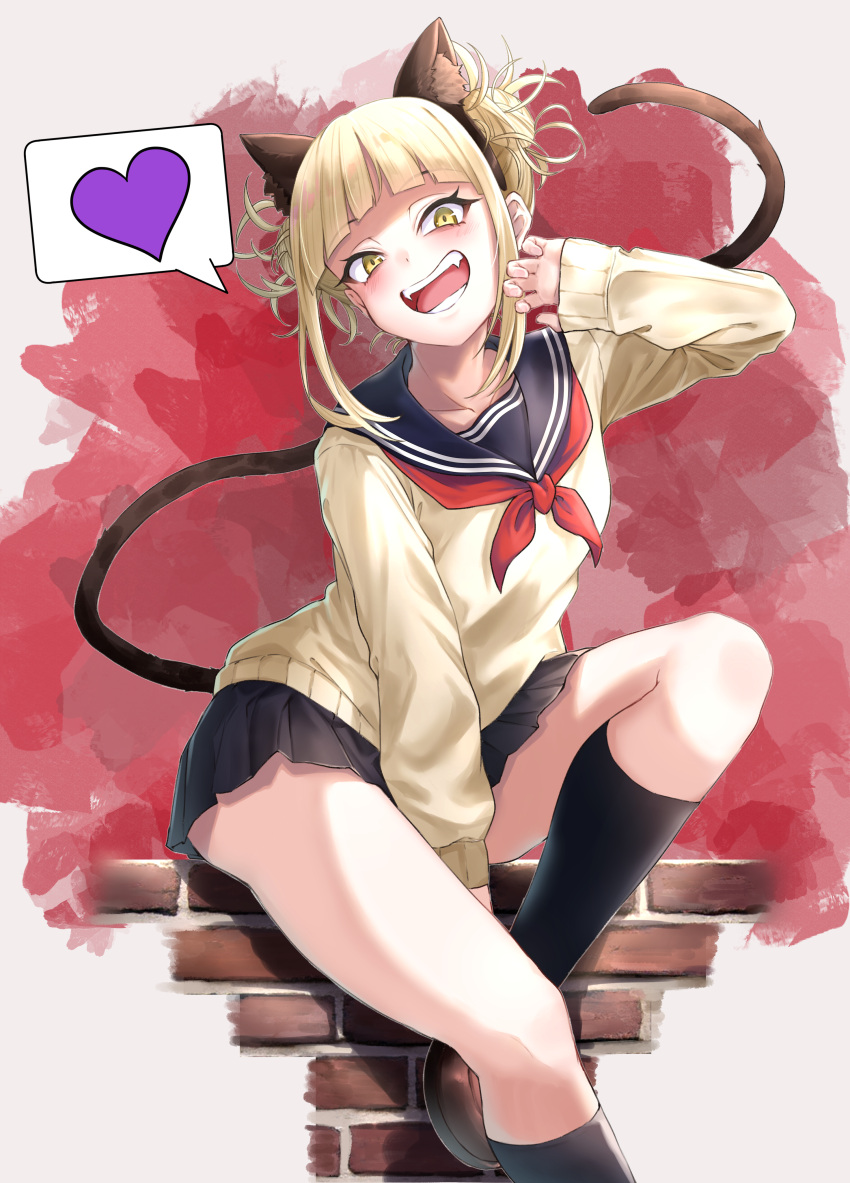 :d absurdres animal_ears arm_between_legs black_sailor_collar black_skirt blonde_hair blunt_bangs blush boku_no_hero_academia breasts cat_ears cat_tail collarbone commentary_request double_bun fangs female hair_bun hand_up heart highres knee_up kneehighs looking_at_viewer m.tokotsu messy_hair miniskirt open_mouth pleated_skirt sailor_collar school_uniform serafuku short_hair sitting skirt smile socks solo spoken_heart tail teeth toga_himiko yellow_eyes