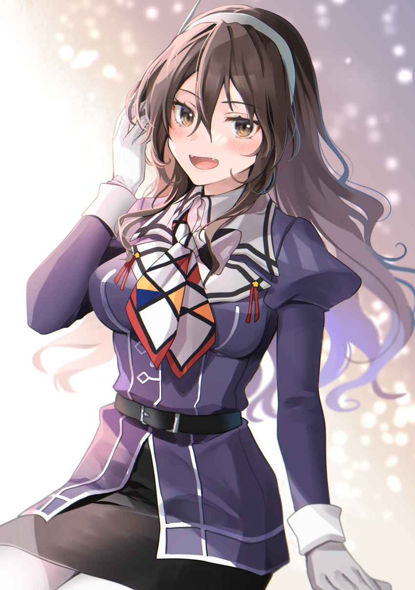 absurdres ascot ashigara_(kancolle) ashigara_kai_ni_(kancolle) belt black_skirt blush breasts brown_eyes brown_hair collared_shirt commentary female gloves gradient_background hair_between_eyes hairband highres jacket kantai_collection long_hair long_sleeves looking_at_viewer medium_breasts oerba_yun_fang open_mouth pantyhose pink_background sailor_collar shirt skirt smile solo uniform wavy_hair white_gloves white_pantyhose white_shirt yunamaro