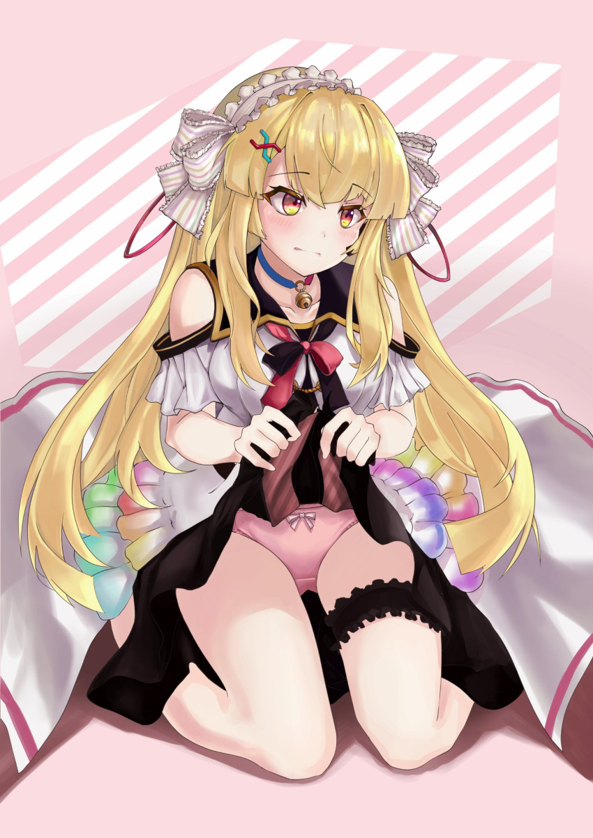 bare_shoulders bell black_skirt blonde_hair blush bow bow_panties breasts character_request clothes_lift female hair_ornament highres medium_breasts neck_bell original panties pink_panties ripnte sitting skirt skirt_lift solo underwear x_hair_ornament yellow_eyes