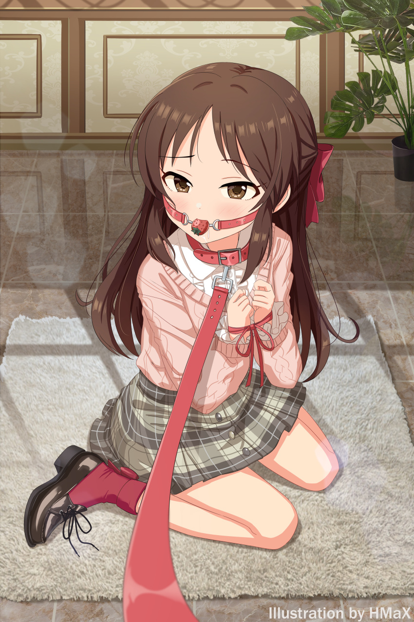 absurdres animal_collar ankle_socks ball_gag bound bound_wrists bow brown_eyes brown_footwear brown_hair buttons center_frills character_name collar collared_shirt commentary_request female frilled_sleeves frills full_body gag grey_skirt hairbow hands_up highres hmax idolmaster idolmaster_cinderella_girls indoors leash light_blush long_hair long_sleeves looking_at_viewer miniskirt on_floor pink_sweater plaid_clothes plaid_skirt plant potted_plant red_bow red_socks rug saliva shirt sitting skirt socks solo sweater tachibana_arisu viewer_holding_leash wariza white_shirt