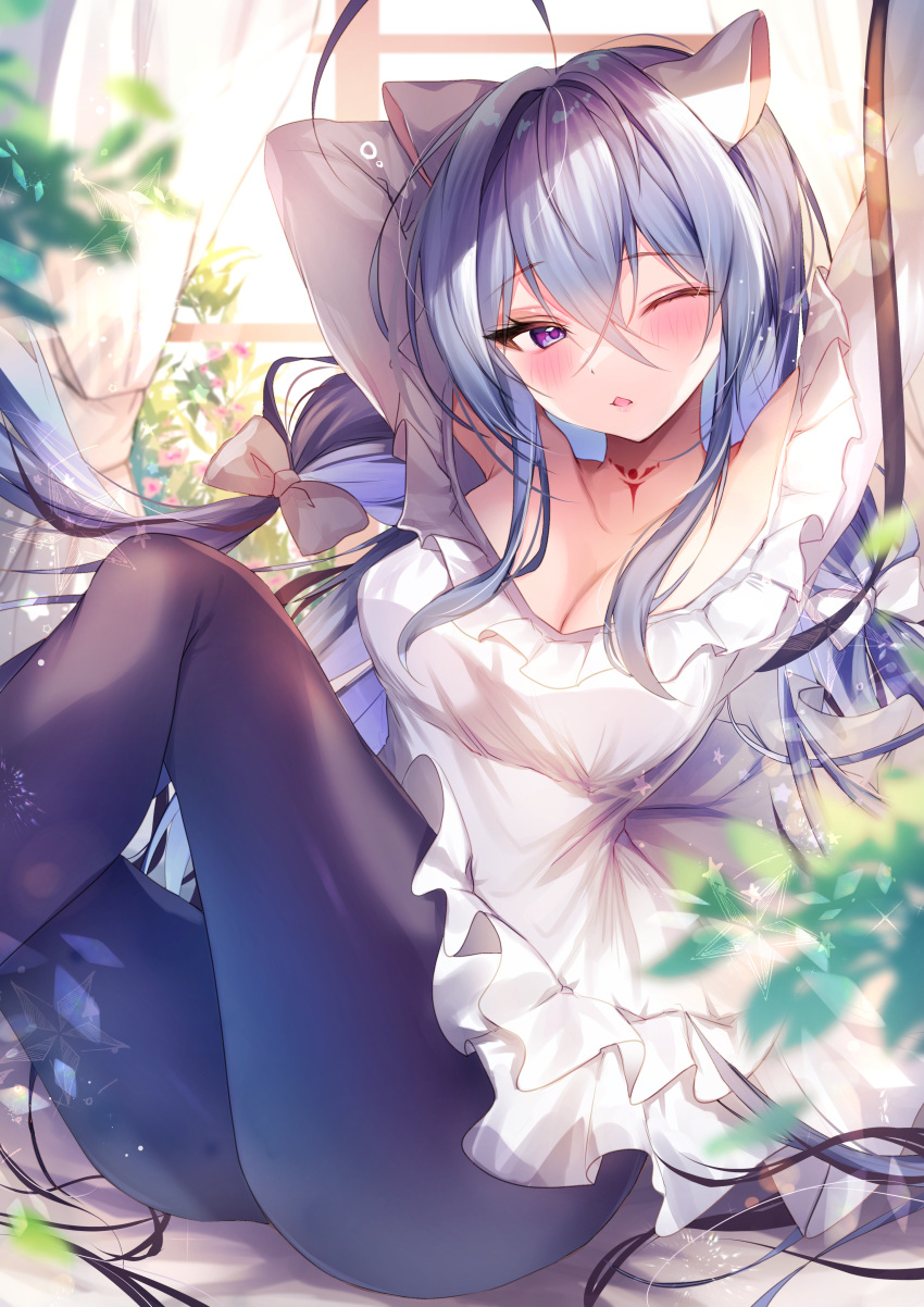 :o absurdres ahoge animal_ears black_socks blue_hair bow bowtie breasts brown_dust_2 cat_ears cat_girl closed_eyes curtains dress female hair_between_eyes hair_ornament hair_over_eyes hair_over_shoulder hair_tie hand_up highres kneehighs leaf leg_up legs long_hair long_sleeves medium_breasts nenobi_(nenorium) no_headwear pajamas plant purple_eyes rou_(brown_dust) sitting socks sunlight twintails very_long_hair white_bow white_bowtie white_dress white_pajamas window