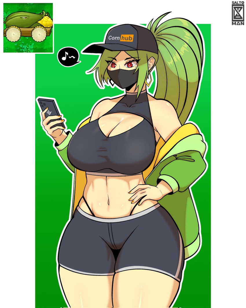 1girls bare_shoulders belly belly_button boob_window breasts cleavage cleavage_cutout cob_cannon corn cornhub female fit fit_female hand_on_hip hat large_breasts long_hair mask midriff panties_visible_through_clothing phone plant plant_girl plants_vs._zombies plants_vs_zombies ponytail popcap_games pvz red_eyes salto_man short_shorts shorts shoulders sports_bra sports_mask sportswear sporty string_panties thick_thighs tight_clothing underwear video_game visible_underwear