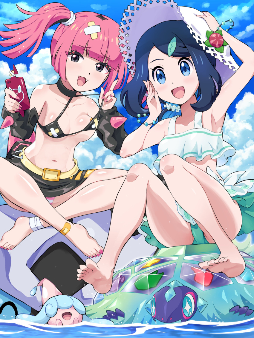 absurdres belt bikini black_bikini black_hair blue_bikini blue_eyes blue_sky blush breasts cloud coral_(pokemon) day eyelashes frilled_bikini frills hair_ornament hairclip hat hatenna highres liko_(pokemon) looking_at_viewer multicolored_hair ocean oerba_yun_fang open_mouth outdoors pink_hair pokemoa pokemon pokemon_(anime) pokemon_(creature) pokemon_horizons sitting sky smile swimsuit terapagos terapagos_(terastal) twintails water