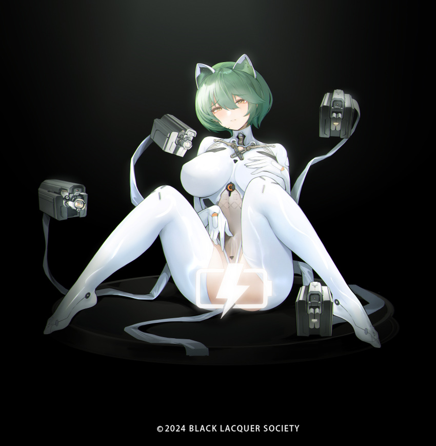 absurdres admiral_nakhimov_(azur_lane) animal_ears azur_lane battery_indicator black_background blackcat_enjia blush bodysuit breasts breasts_apart cat_ears censored commentary copyright_notice crotch_cutout crotchless crotchless_bodysuit fake_animal_ears female floating floating_object floating_weapon full_body gloves green_hair hair_between_eyes hand_on_own_chest highres impossible_bodysuit impossible_clothes interface_censor large_breasts looking_at_viewer m_legs mechanical_ears parted_lips short_hair simple_background sitting solo white_bodysuit white_gloves yellow_eyes