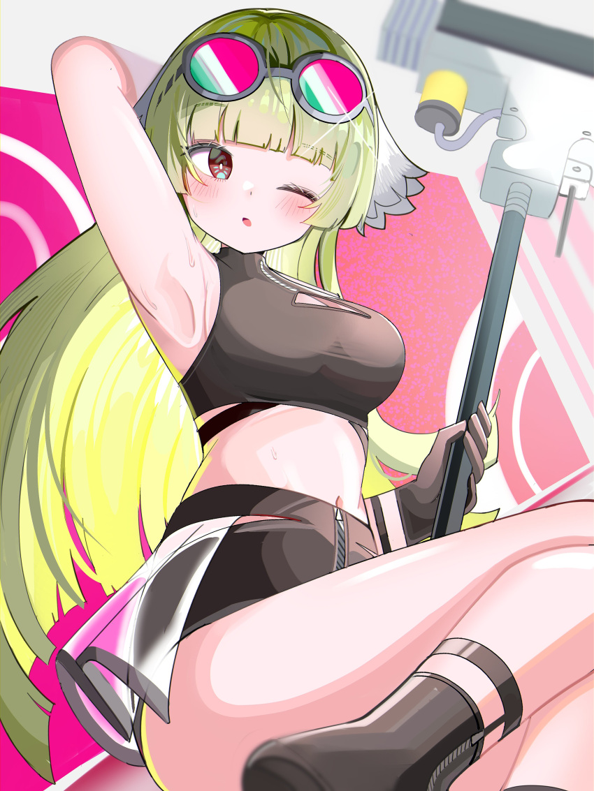 absurdres arm_up armpits black_shorts blunt_bangs breasts crop_top female green_hair highres holding holding_polearm holding_weapon large_breasts navel one_eye_closed polearm poncirus_(arknights) round_eyewear short_shorts shorts sleeveless solo spam_(spamham4506) war_hammer weapon