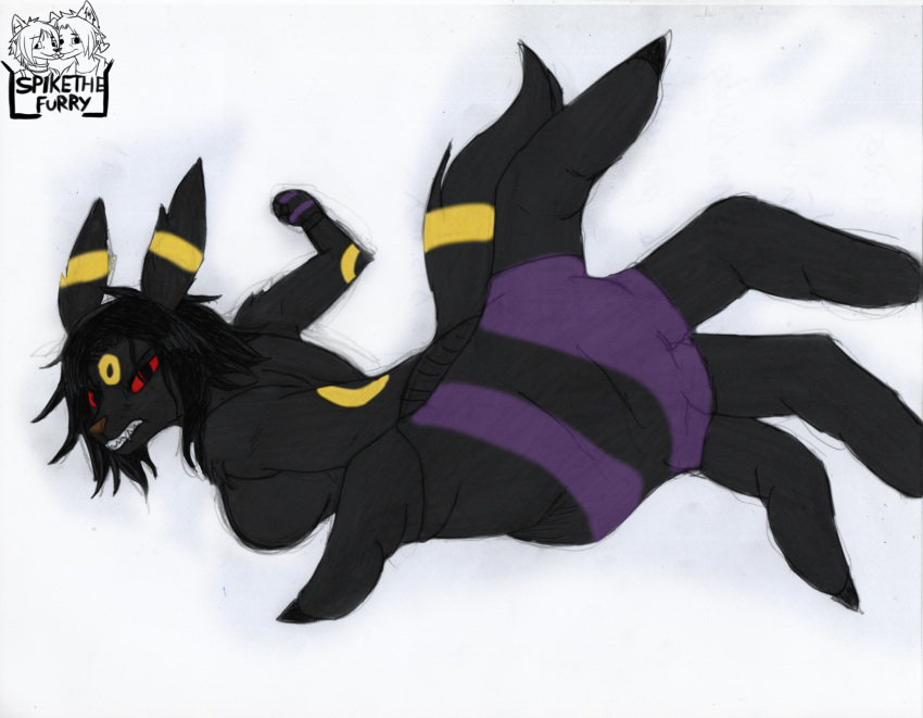 anthro black_blouse black_body black_fur black_hair clothing darksy_(spikethefurry) eeveelution female fur generation_2_pokemon ghotic gloves hair handwear hi_res nintendo pokemon pokemon_(species) red_sclera solo spike_the_furry traditional_media_(artwork) umbreon yellow_body yellow_fur