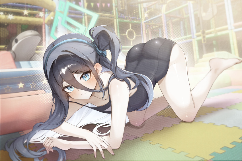 absurdres aris_(blue_archive) ass bare_arms bare_shoulders barefoot black_hair black_one-piece_swimsuit blue_archive blue_eyes blue_halo breasts hair_between_eyes halo highres long_hair looking_at_viewer micasa_tto one-piece_swimsuit playground puzzle robot robot_girl school_swimsuit side_ponytail small_breasts swimsuit thighs