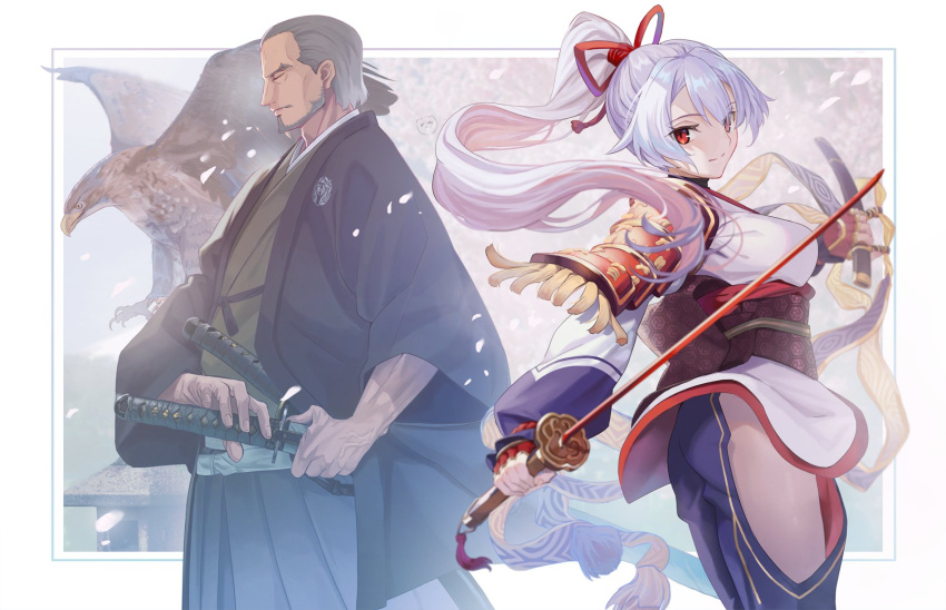 1boy aora battoujutsu_stance beard bird blue_hakama breasts closed_eyes detached_sleeves facial_hair fate/grand_order fate_(series) female fighting_stance grey_hair hakama hakama_pants haori hawk highres holding holding_sword holding_weapon japanese_clothes katana kikkoumon kimono large_breasts long_hair long_sleeves looking_at_viewer menuki obi old old_man pants parody ponytail ready_to_draw red_eyes revision sash sheath sheathed short_hair short_kimono side_slit smile style_parody sword takeuchi_takashi_(style) tomoe_gozen_(fate) wakizashi weapon white_hair white_kimono wide_sleeves yagyuu_munenori_(fate)