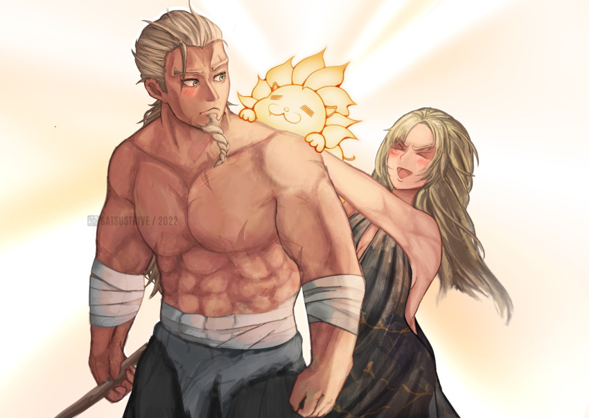 >_< 1boy :3 :d =_= abs bandaged_arm bandages black_dress blonde_hair blush breasts commentary dress elden_ring english_commentary facial_hair female godfrey_first_elden_lord grey_eyes grey_hair highres hoarah_loux lion long_hair muscular muscular_male satsu-strive scar serosh_(elden_ring) smile white_background xd