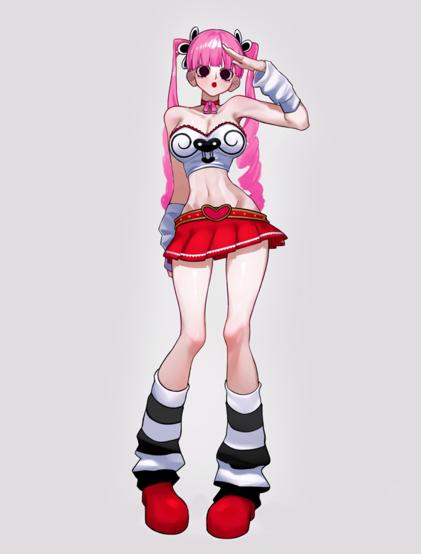 bare_shoulders black_eyes black_socks breasts curvy drill_hair female full_body grey_background highres horizontal-striped_socks large_breasts long_hair looking_at_viewer loose_socks miniskirt navel one_piece perona pink_hair pleated_skirt red_footwear red_lips red_skirt salute shiny_skin shoes simple_background siokosho_kinoko skirt socks solo standing striped_clothes striped_socks thighhighs twin_drills two-tone_socks very_long_hair white_socks wide_hips