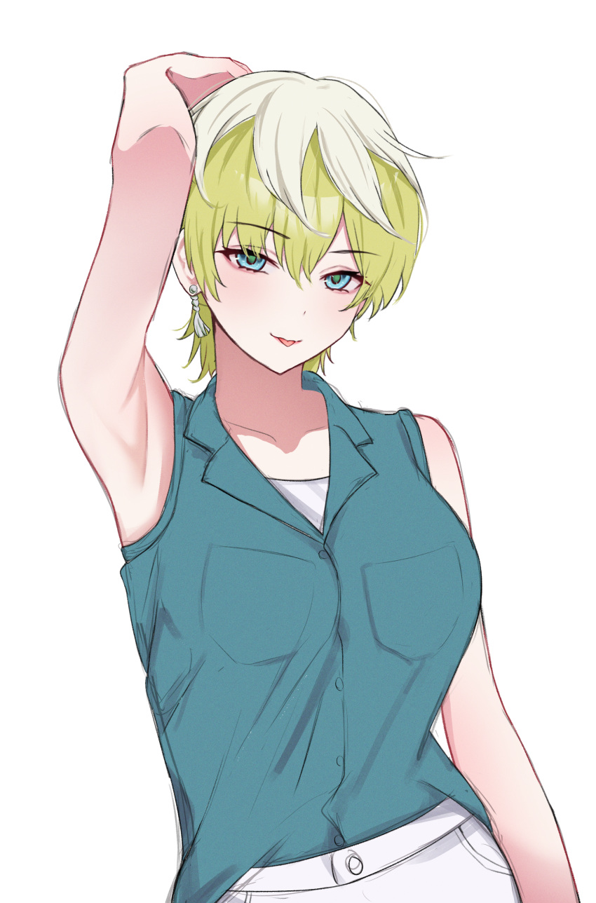 absurdres arm_up armpits blonde_hair blue_eyes breasts earrings female higeji_(higeji404) highres izumo_tenka jewelry large_breasts looking_at_viewer mato_seihei_no_slave multicolored_hair shirt simple_background sleeveless sleeveless_shirt solo tassel tassel_earrings tongue tongue_out two-tone_hair white_background white_hair