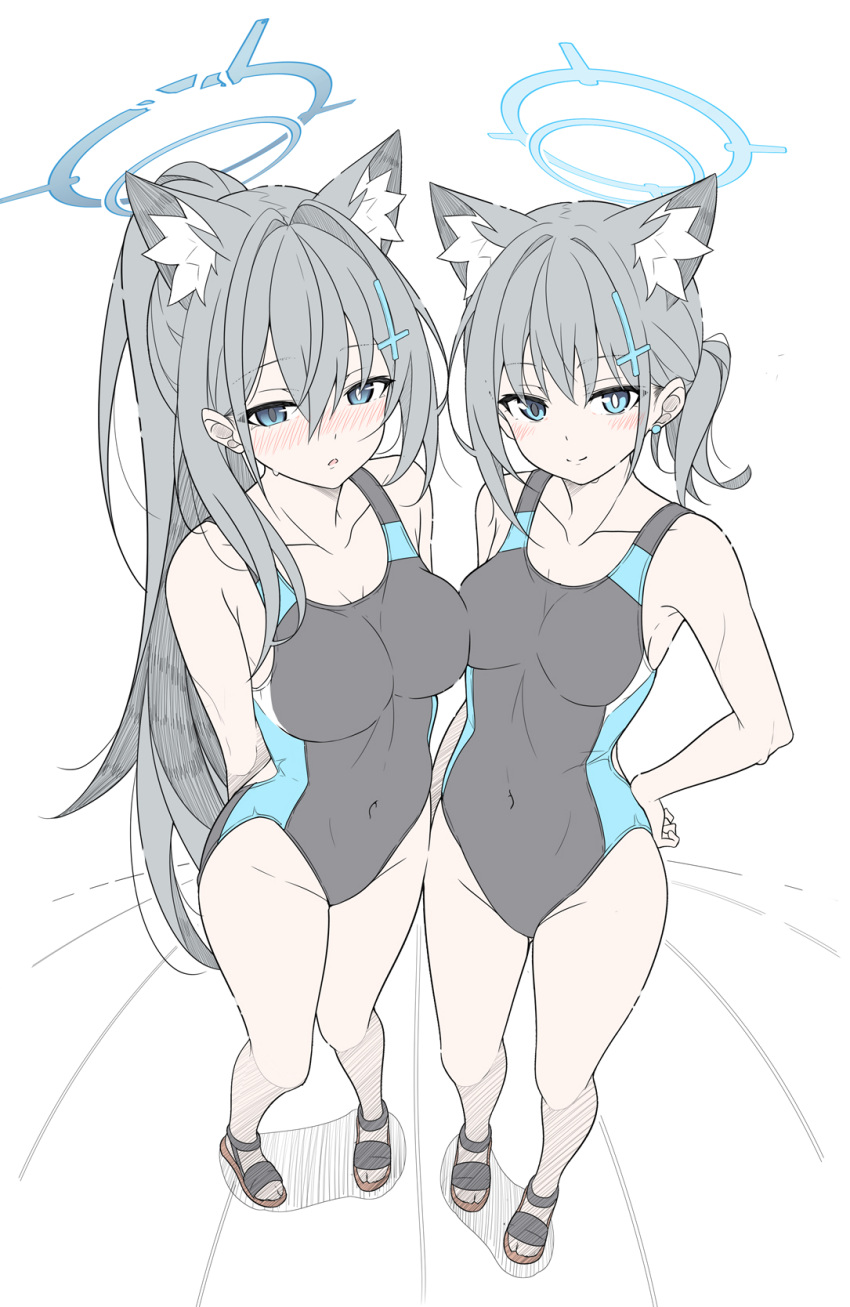 2girls animal_ear_fluff animal_ears arms_behind_back black_one-piece_swimsuit blue_archive blue_eyes blue_halo blue_one-piece_swimsuit blush breasts broken_halo closed_mouth commentary covered_navel cross cross_hair_ornament earrings extra_ears foreshortening grey_hair hair_ornament halo hand_on_own_hip highleg highleg_one-piece_swimsuit highres inverted_cross jewelry large_breasts long_hair looking_at_viewer medium_breasts mismatched_pupils multiple_girls official_alternate_costume official_alternate_hairstyle one-piece_swimsuit ponytail shiroko_(blue_archive) shiroko_(swimsuit)_(blue_archive) shiroko_terror_(blue_archive) short_ponytail simple_background smile standing stud_earrings swimsuit symbol-only_commentary t1kosewad white_background wolf_ears wolf_girl