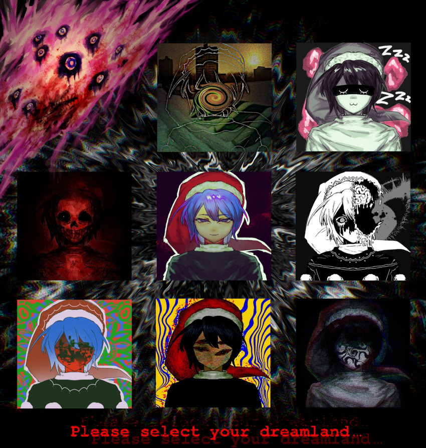 :3 black_hair black_sclera bleeding blood blood_from_eyes blue_eyes blue_hair body_horror brain chinese_commentary chromatic_aberration closed_mouth colored_sclera colored_skin commentary_request distortion doremy_sweet dream_soul english_text extra_eyes faceless faceless_female female goushen0309 hair_between_eyes half-closed_eyes hat highres horror_(theme) inkblot looking_at_viewer medium_bangs nightcap nightmare no_mouth pom_pom_(clothes) red_hat red_sclera red_skin shaded_face short_hair skull smile swirl touhou upper_body zzz