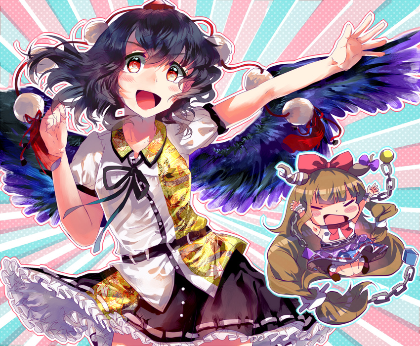 2girls black_hair brown_hair chains closed_eyes commentary_request hat horns hoshika_ranoe ibuki_suika mini_person minigirl multiple_girls open_mouth red_eyes shameimaru_aya smile tokin_hat touhou wings