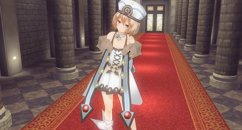 3d absurdres bare_shoulders blanc_(neptunia) blue_eyes blush brown_hair commentary_request custom_maid_3d_2 female fur_trim game_screenshot hat highres looking_at_viewer neptune_(series) short_hair smile solo sumxsum03