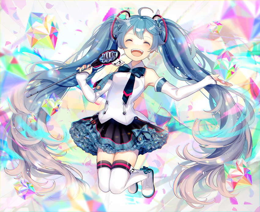 ^_^ ahoge arm_warmers black_skirt blue_hair closed_eyes closed_mouth commentary_request crystal eighth_note facing_viewer female full_body hands_up hatsune_miku highres holding holding_microphone komadori_ui long_hair microphone musical_note petals petticoat shirt skirt sleeveless sleeveless_shirt smile solo teeth thighhighs twintails very_long_hair vocaloid white_thighhighs