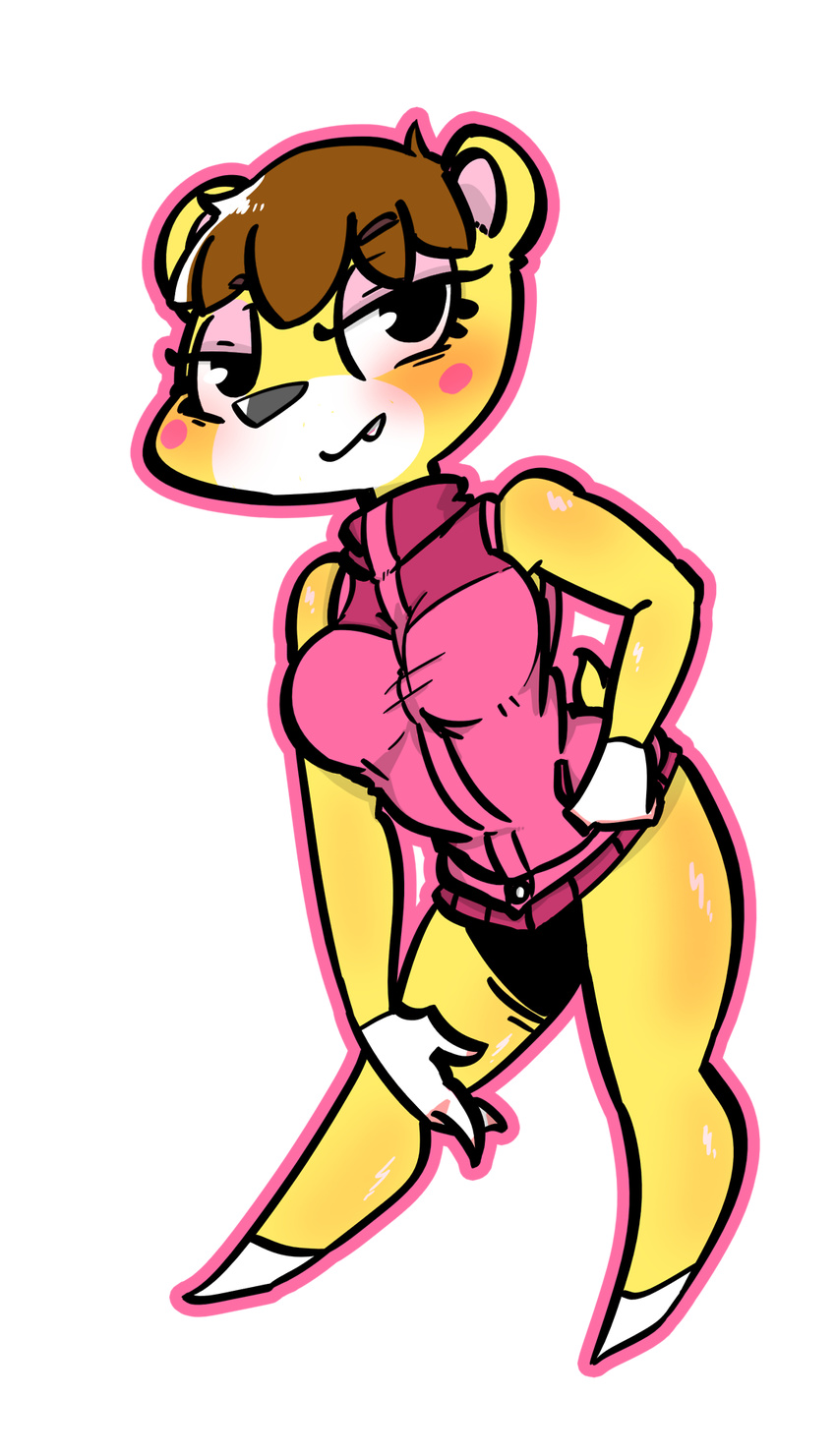 2017 alpha_channel animal_crossing anthro badassbaal bear breasts brown_hair clothed clothing female fur gloves hair handwear hi_res looking_at_viewer mammal nintendo simple_background solo tammy_(animal_crossing) transparent_background yellow_body yellow_fur