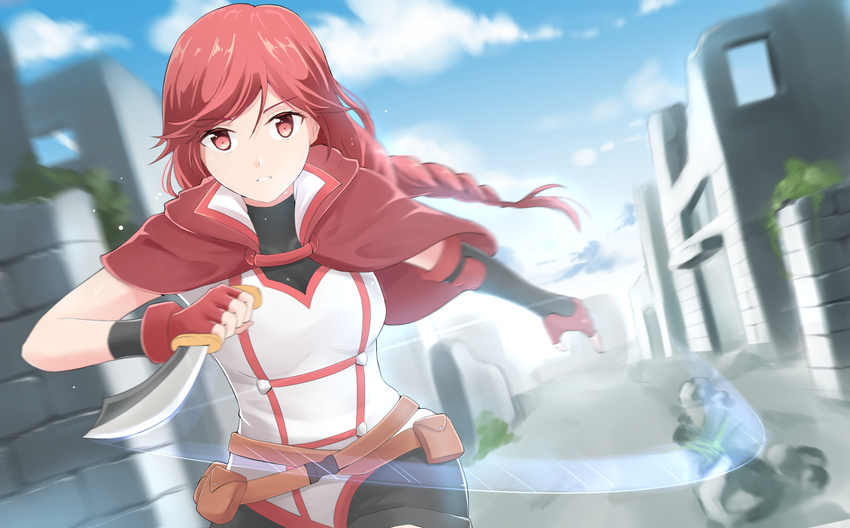 bad_id bad_pixiv_id braid cape dagger female fingerless_gloves gloves hai_to_gensou_no_grimgar highres knife long_hair red_eyes red_hair shorts single_braid solo ucukrtz weapon yume_(grimgar)