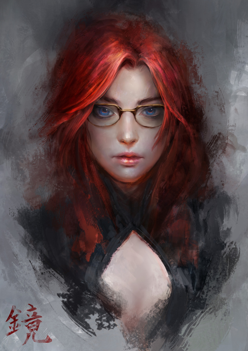 bespectacled blue_eyes borrowed_character brown-framed_eyewear cleavage_cutout commentary daniel_kamarudin english_commentary eyebrows forehead glasses high_collar highres kagami_miyazaki_ishikawa lips long_hair looking_at_viewer makeup mascara nose original painting pink_lips portrait red_hair solo