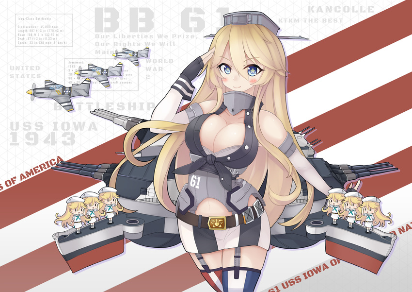 6+girls aircraft airplane asymmetrical_legwear blonde_hair blue_eyes breasts bridal_gauntlets character_name cleavage clothes_writing commentary_request english_text fairy_(kancolle) garter_straps highres iowa_(kancolle) kantai_collection kuronekozero large_breasts long_hair miniskirt mismatched_legwear multiple_girls salute skirt smile star-shaped_pupils star_(symbol) striped symbol-shaped_pupils thighhighs vertical_stripes zettai_ryouiki