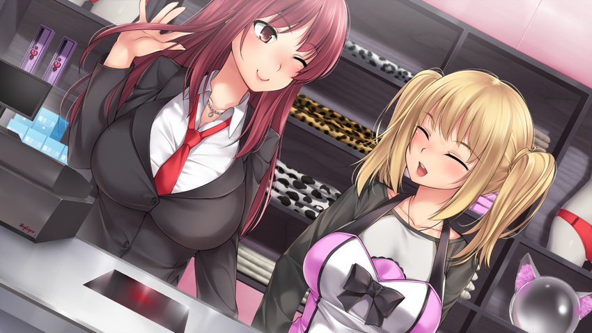 2girls apron breasts closed_eyes eyebrows_visible_through_hair hannah_(negligee) huge_breasts jasmin_(negligee) large_breasts long_hair mannequin necklace negligee_(game) open_mouth panties red_eyes red_hair red_panties ribbon smile suit twintails wink