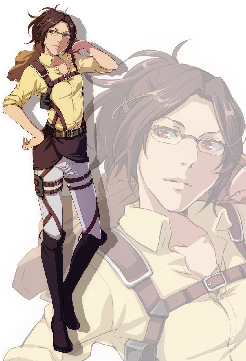 boots brown_eyes brown_hair commentary_request female glasses hange_zoe highres jacket jacket_over_shoulder null_(chronix) ponytail shingeki_no_kyojin solo three-dimensional_maneuver_gear unworn_jacket zoom_layer